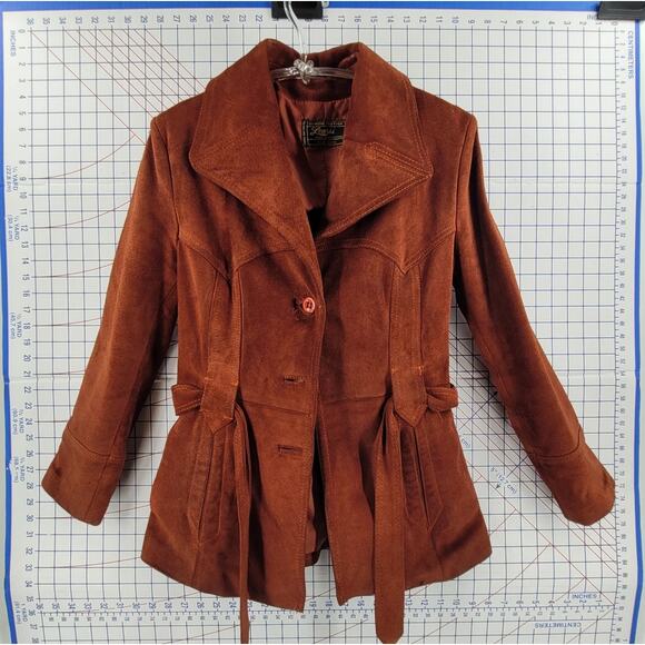 Burnt Orange Suede Statement Jacket Vintage 60s Belted Cozy Chic Womens - Picture 5 of 16